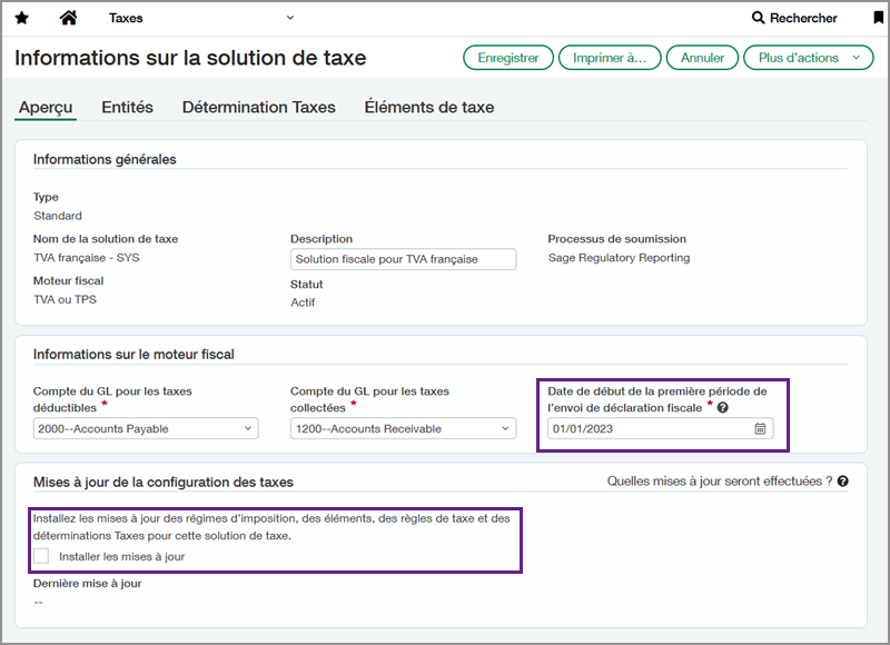 Screenshot of the tax solution information page for TVA française with callout boxes around the start date field and the install updates checkbox.