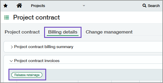 Billing details tab showing Release retainage button