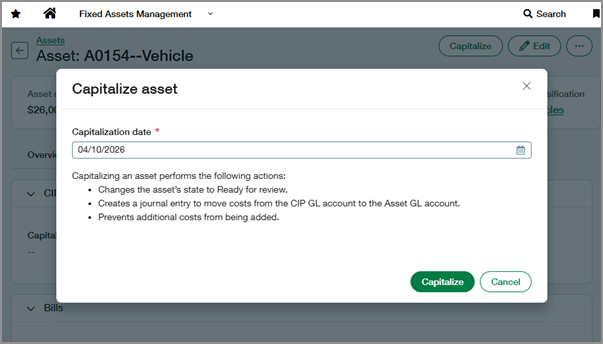 Capitalize asset window showing new capitalization date field.