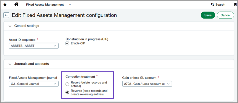 Configuration page showing the Correction treatment setting