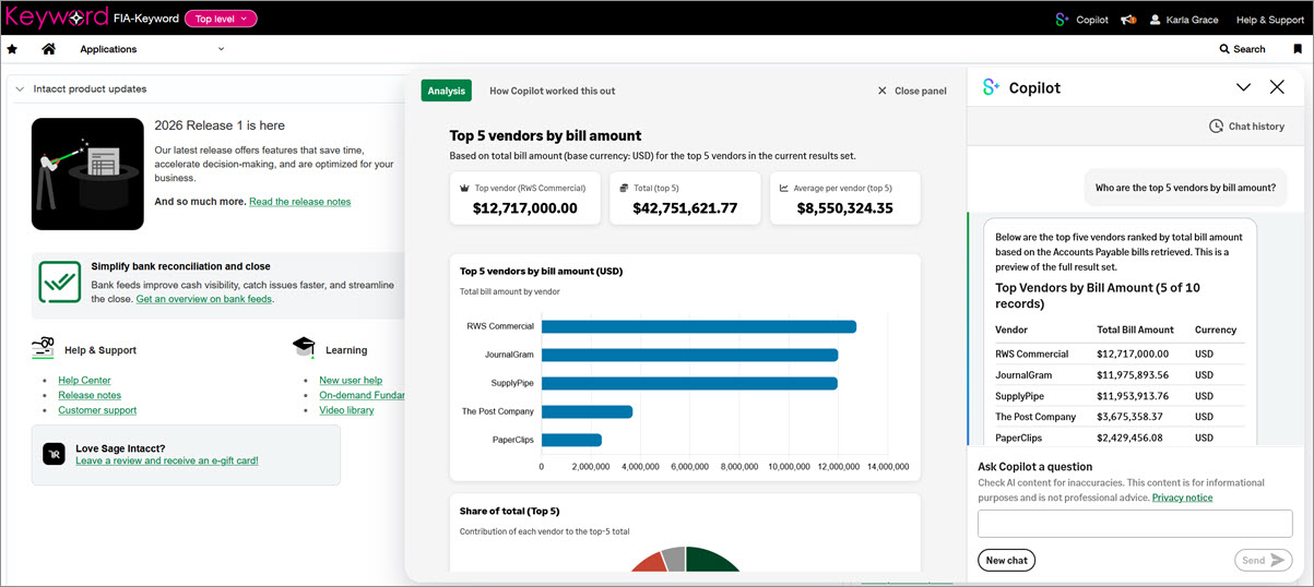 Example of the Finance Intelligence agent in Sage Copilot.