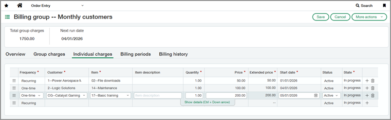 Billing group showing the individual charges tab