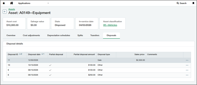 The disposals tab of an asset.