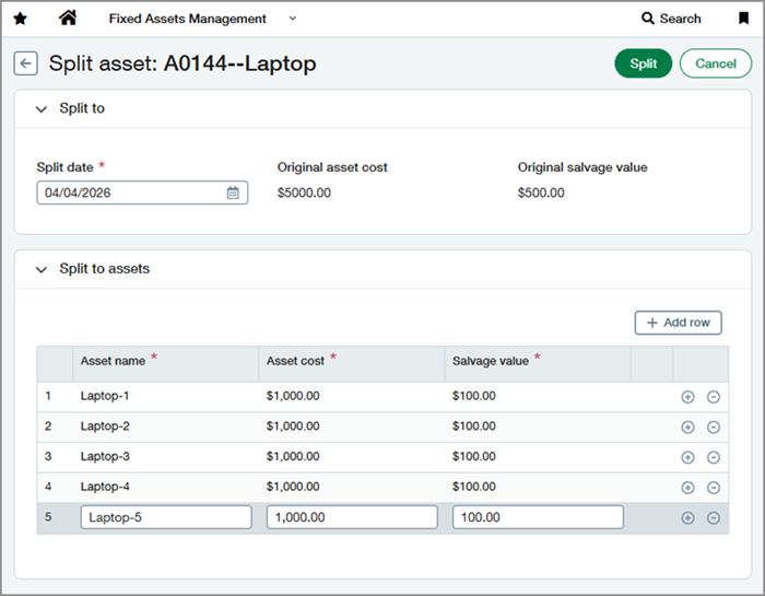 Split page showing an asset being split into 5 assets