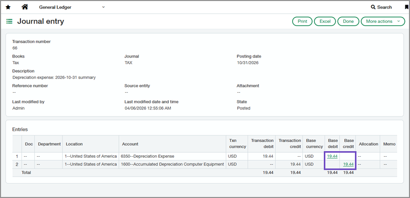 Journal entry page with Base debit and Base credit values highlighted