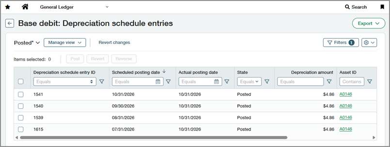 List of depreciation entries included in a summary