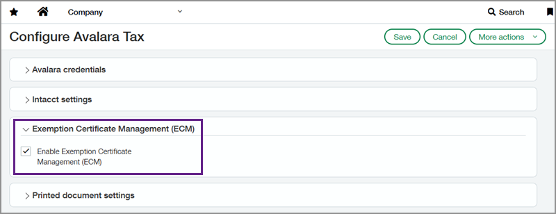 Avalara Tax subscription configuration page with a section for Exemption Certificate Management (ECM) and the Enable Exemption Certificate Management (ECM) box checked.