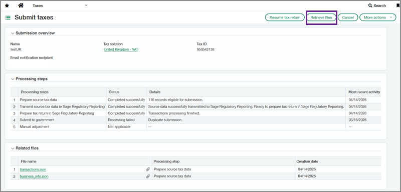 Screenshot of the Submit taxes page with a callout box around the Retrieve files button.