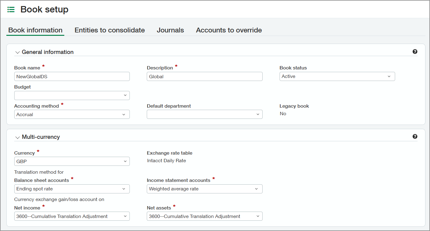 The Book information tab on the Book setup page indicates whether Intacct writes the consolidation entries for a book to the new consolidation table.