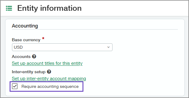 Accounting section of the Entity information page. The Require accounting sequence checkbox is circled.