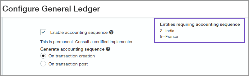 Section of the Configure General Ledger page that shows a list of entities that require an accounting sequence.
