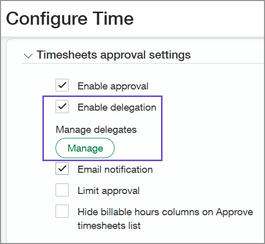 Enable delegation and manage delegates on the Configure Time page.