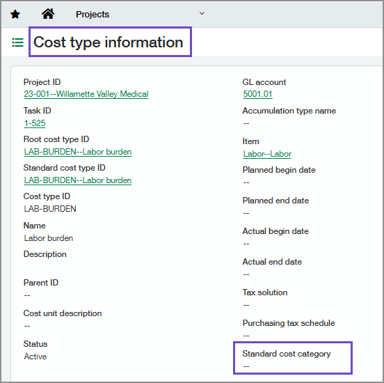 Cost type information page with Standard cost category field highlighted Cost type information page with Standard cost category field highlighted
