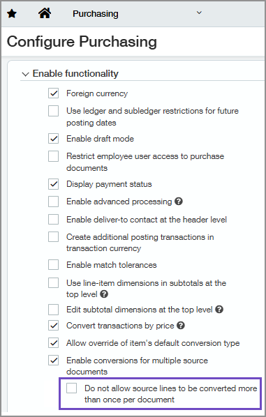 Configure Purchasing page with setting to prevent duplicate source line conversions highlighted Configure Purchasing page with setting to prevent duplicate source line conversions highlighted