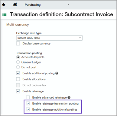 Transaction definition setup page with flexible retainage posting settings highlighted Transaction definition setup page with flexible retainage posting settings highlighted