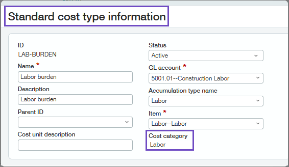 Standard cost type information page with Cost category field highlighted Standard cost type information page with Cost category field highlighted