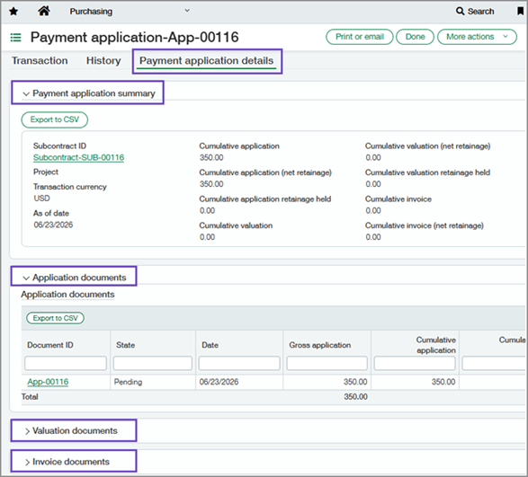 Payment application showing Payment application details tab