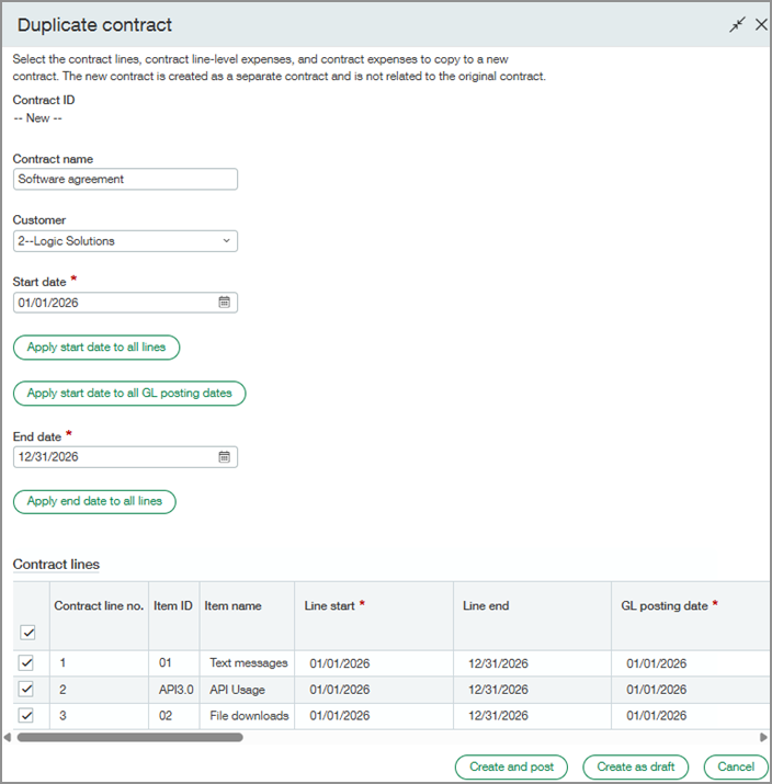 Duplicate contract window with option to select lines.