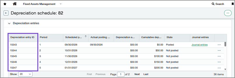 A depreciation schedule showing the Depreciation entry ID column
