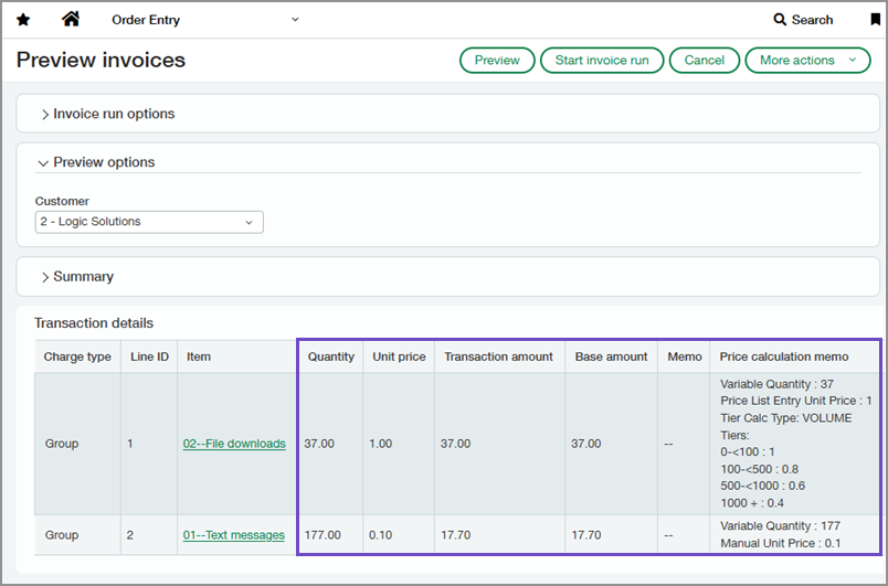 Preview invoices page showing the Price calculation memo field.