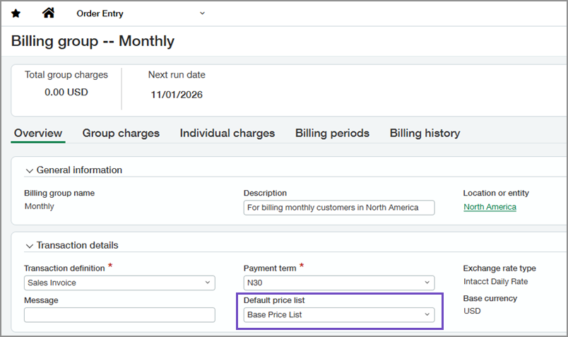 Billing group showing the default price list field