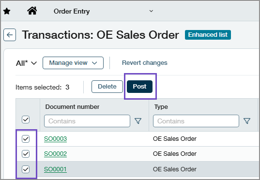 Order Entry transactions list showing selection checkboxes and Post button