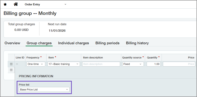 Group charge showing price list field