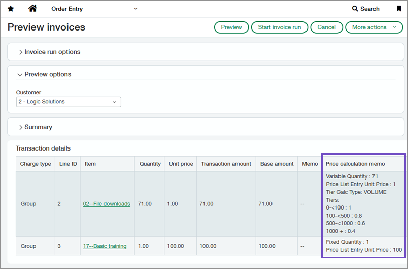 Preview invoices showing new price calculation memo field