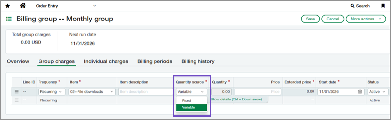 Charge line showing the Quantity source field.