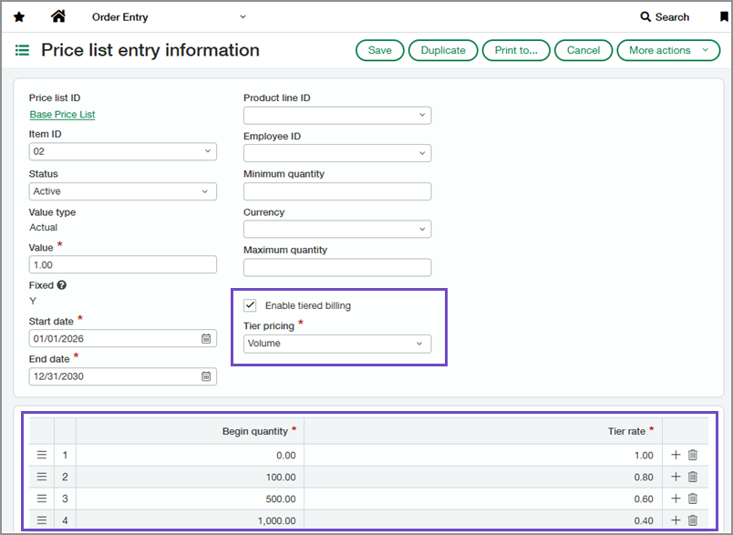 OE price list showing enable tiered billing, tier pricing, and tiers