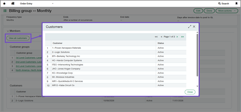 Billing group showing the View all customers button and pop-up with the list of customers