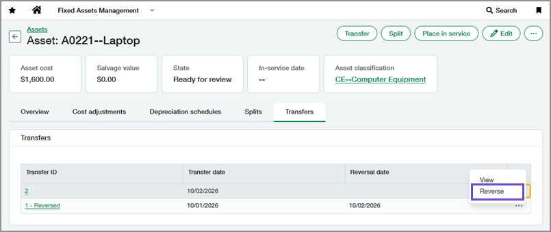 Transfers tab of an asset showing a reversed transfer