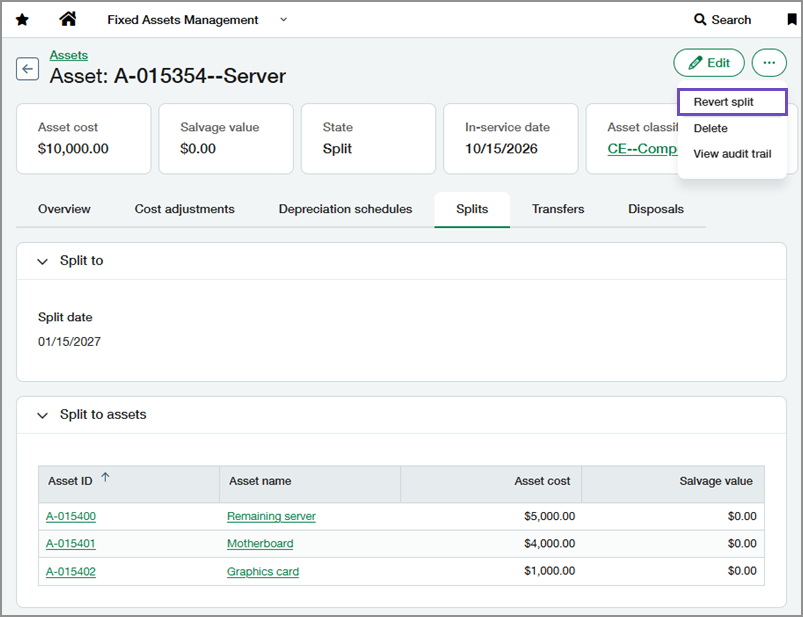 Asset detail page showing the Revert split option