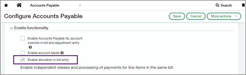 Configure Accounts Payable page with a callout box around Enable allocation in bill entry.
