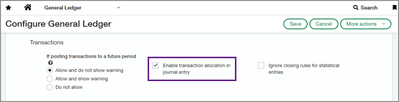 Configure General Ledger page with a callout box around Enable transaction allocation in journal entry.