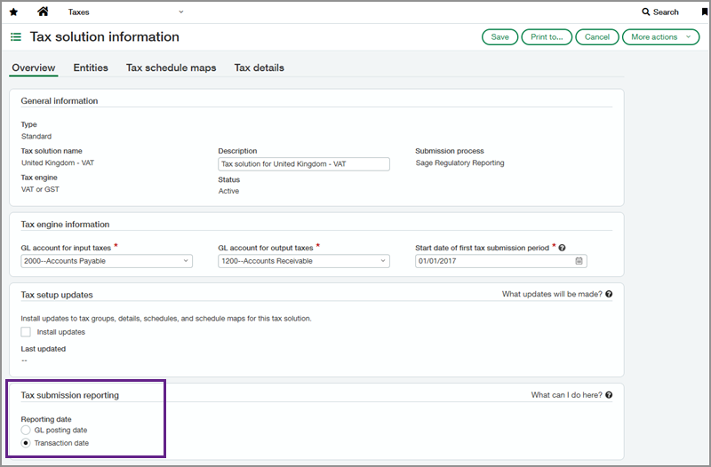 Tax solution information page with callout box around the Tax submission reporting section.