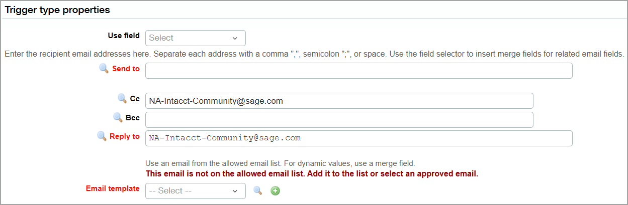 Trigger type properties to create an email trigger, which contains a warning about unapproved email.
