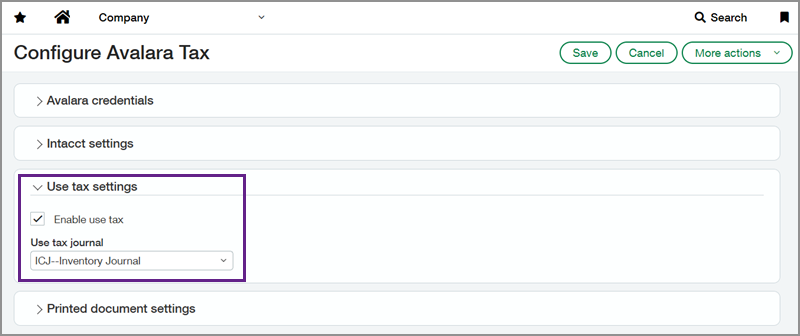 Configure Avalara Tax page with a callout box around the Use tax settings section.